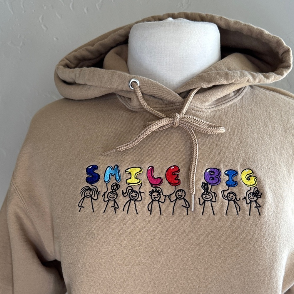 Tan Hoodie with Colorful 'Smile Big' Embroidery